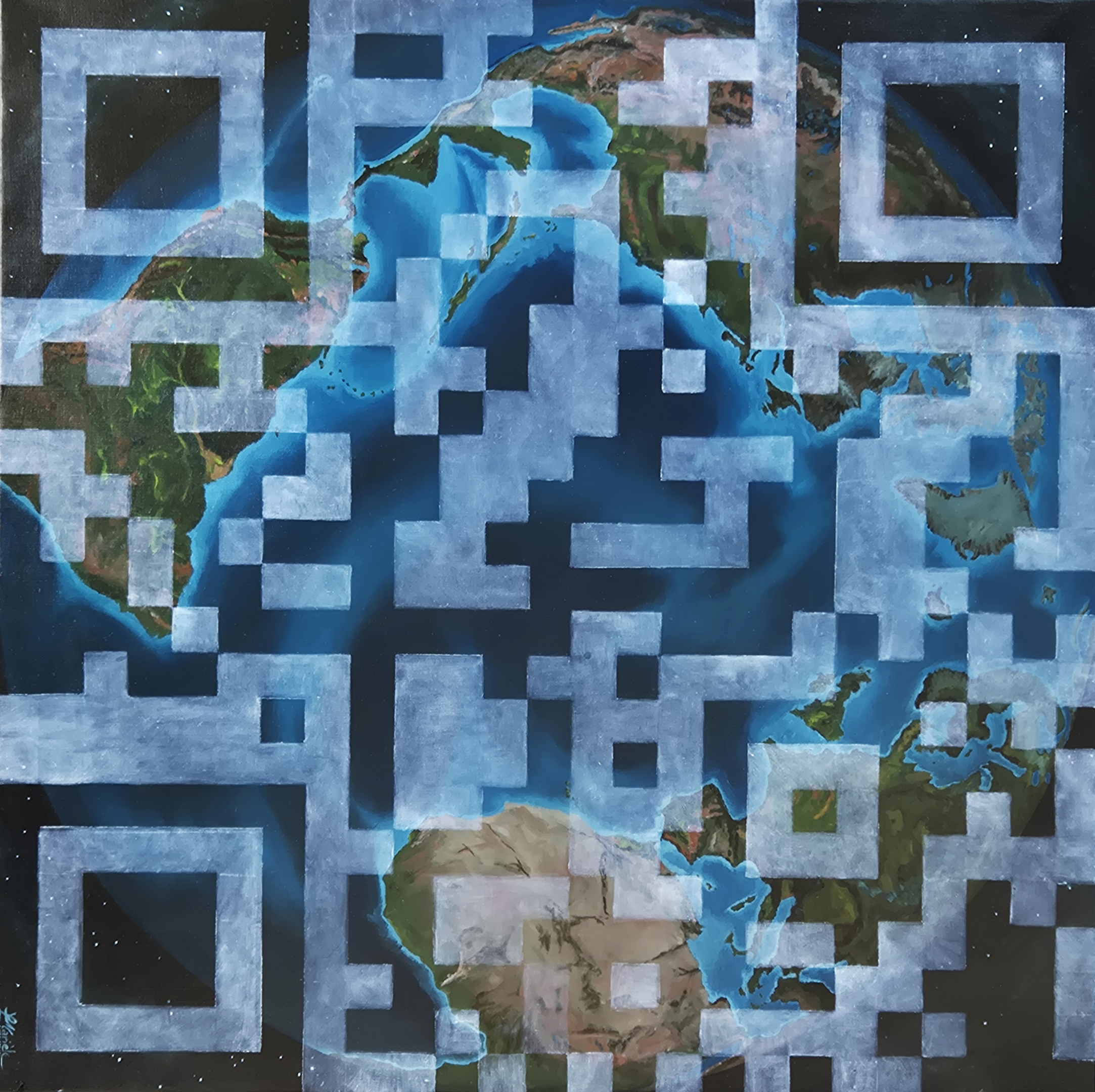 Peinture à l'huile mappe monde recouverte d'un QR code qui rend la toile interactive et renvoie vers un site internet. alliance entre héritage et innovation - exposée au salon automne. Marièle Gissinger artiste peintre-sculpteur