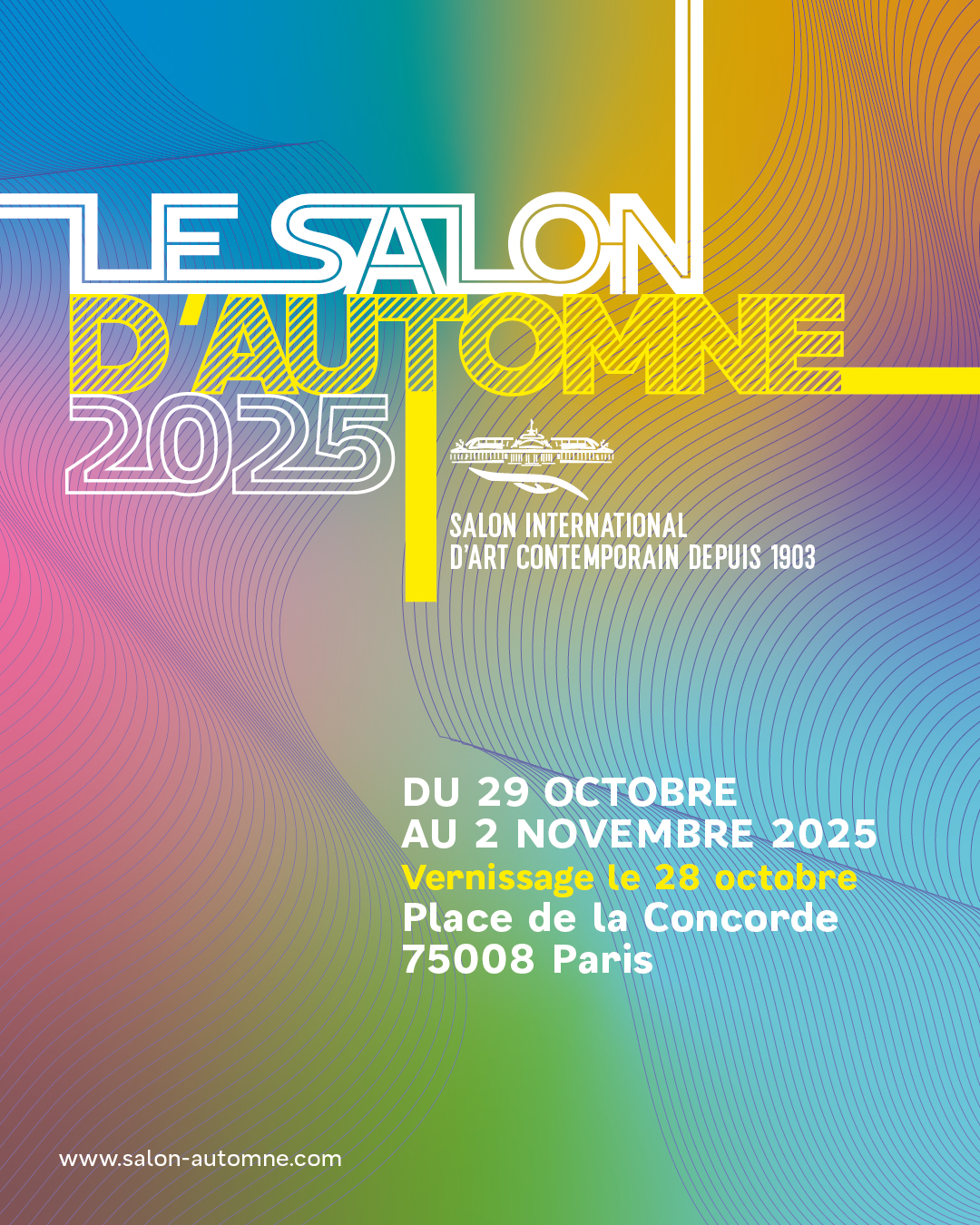 Affiche au Salon D'automne Paris emprunte de couleurs chatoyantes où Marièle Gissinger expose une toile Encodee